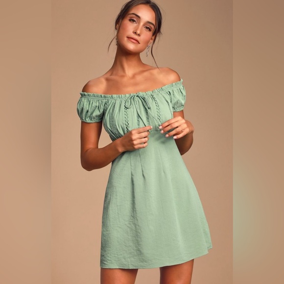 Lulus Dresses & Skirts - New Lulu's Wisteria Sage Green Embroidered Off-the-
Shoulder Mini Dress S